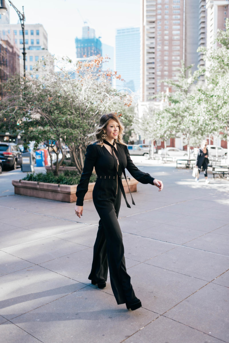 Blogger Lindsey Lutz from Life Lutzurious wearing black Rachel Zoe jumpsuit at Birmingham Fashion Week