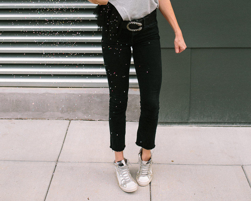 gray mixed media tee with tulle detail // Karen Walker Cat Eye Sunglasses // Gucci belt // Gucci embroidered shoulder bag // Frame black jeans // best red lipstick color // Blogger Lindsey Lutz from Life Lutzurious shares 35 Things about Me on her 36th birthday