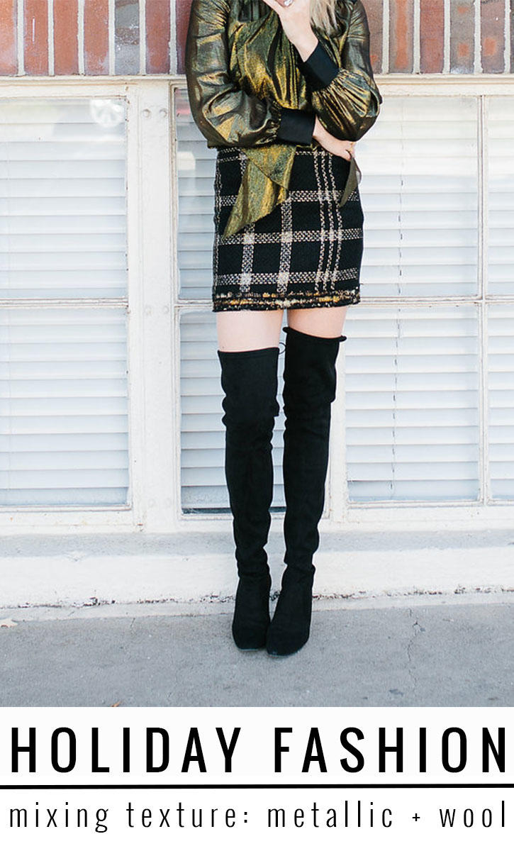 Blogger Lindsey Lutz from Life Lutzurious wearing a Rachel Zoe gold metallic top wool mini skirt and black suede OTK boots. So many luxe fabrics, so little time. You guys know how much I love mixing textures. It’s one of the hottest trends this fall, an easy way to add interest to your outfits, and very easy to pull off. It also helps you stay warm during the colder months, while still looking chic…which is always the goal right? In today’s HOLIDAY FASHION post, I am showing you one of my favorite outfits, mixing rich metallic with cozy wool and sleek suede. Throw on a pair of statement earrings, and you are SET. 