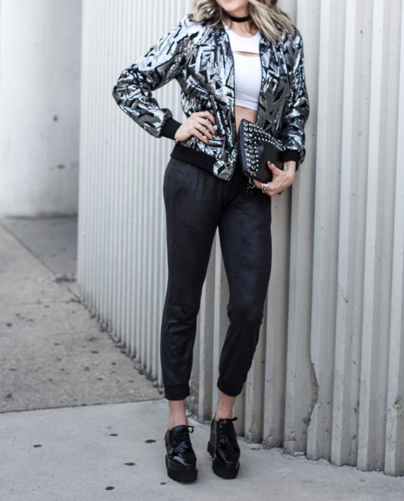 Blogger Lindsey Lutz from Life Lutzurious wearing a sequin bomber jacket by Alice and Trixie