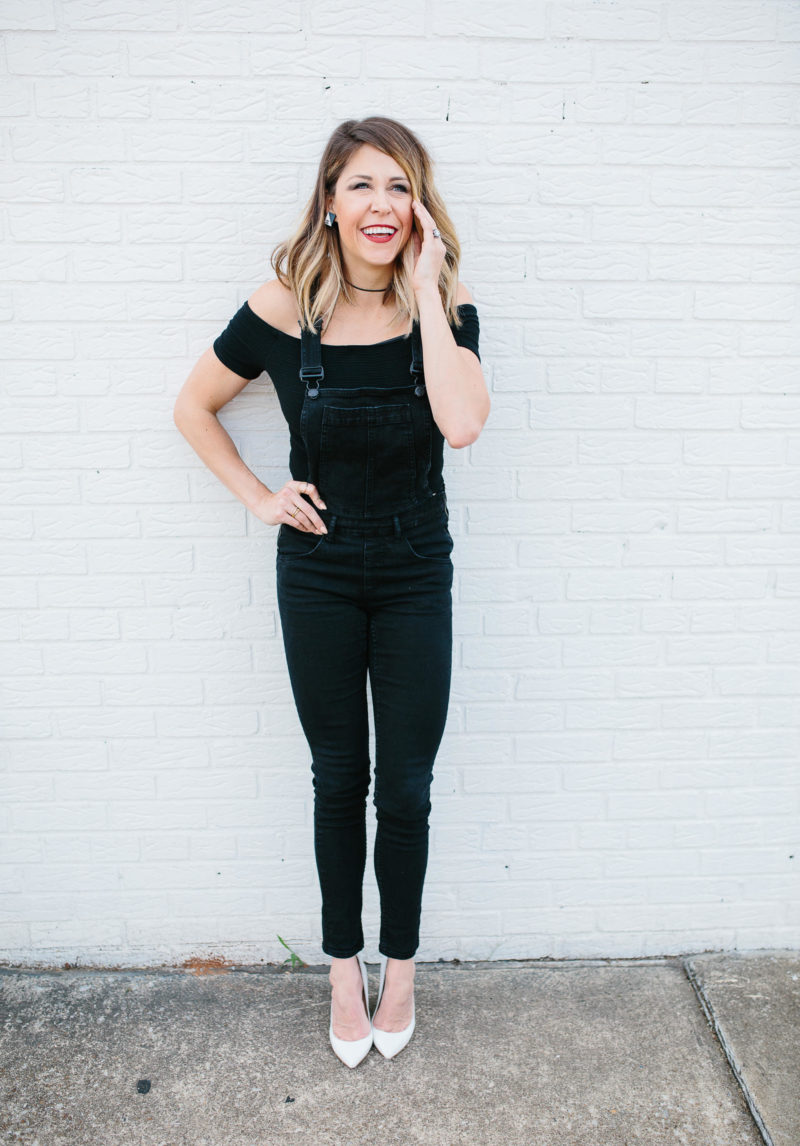 BLACK OVERALLS OFF THE SHOULDER