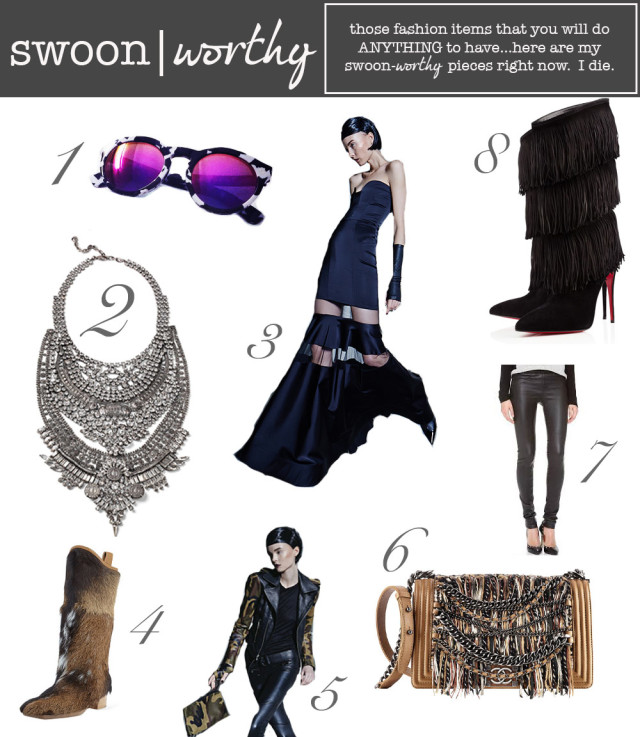 Swoon Worthy. - Life Lutzurious; Click to see Swoon Worthy Presents for the Holidays on Life Lutzurious. These swoon-worthy items are for the most part completely unaffordable, but one can dream right? However, the Illesteva's in the top-left corner are totally affordable and so worth it.  If you are interested in these, they are the White CAMO Leonard 2's with pink mirrored lenses. I would do anything for these two items.  Don't even get me started on the Tinafrange Louboutins! 