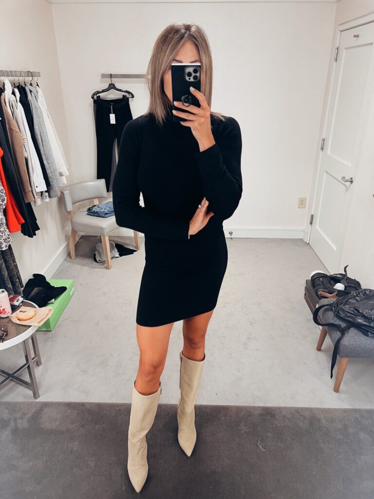 nordstrom anniversary sale black dress and knee-high boots